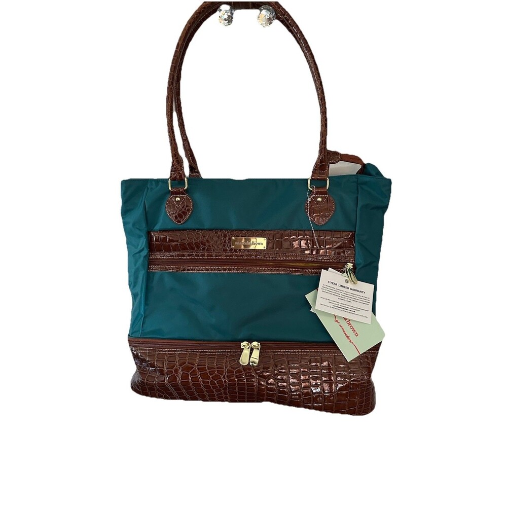 Samantha Brown Alligator Pattern Drop Bottom Tote - Brown & Teal - Beach Bag